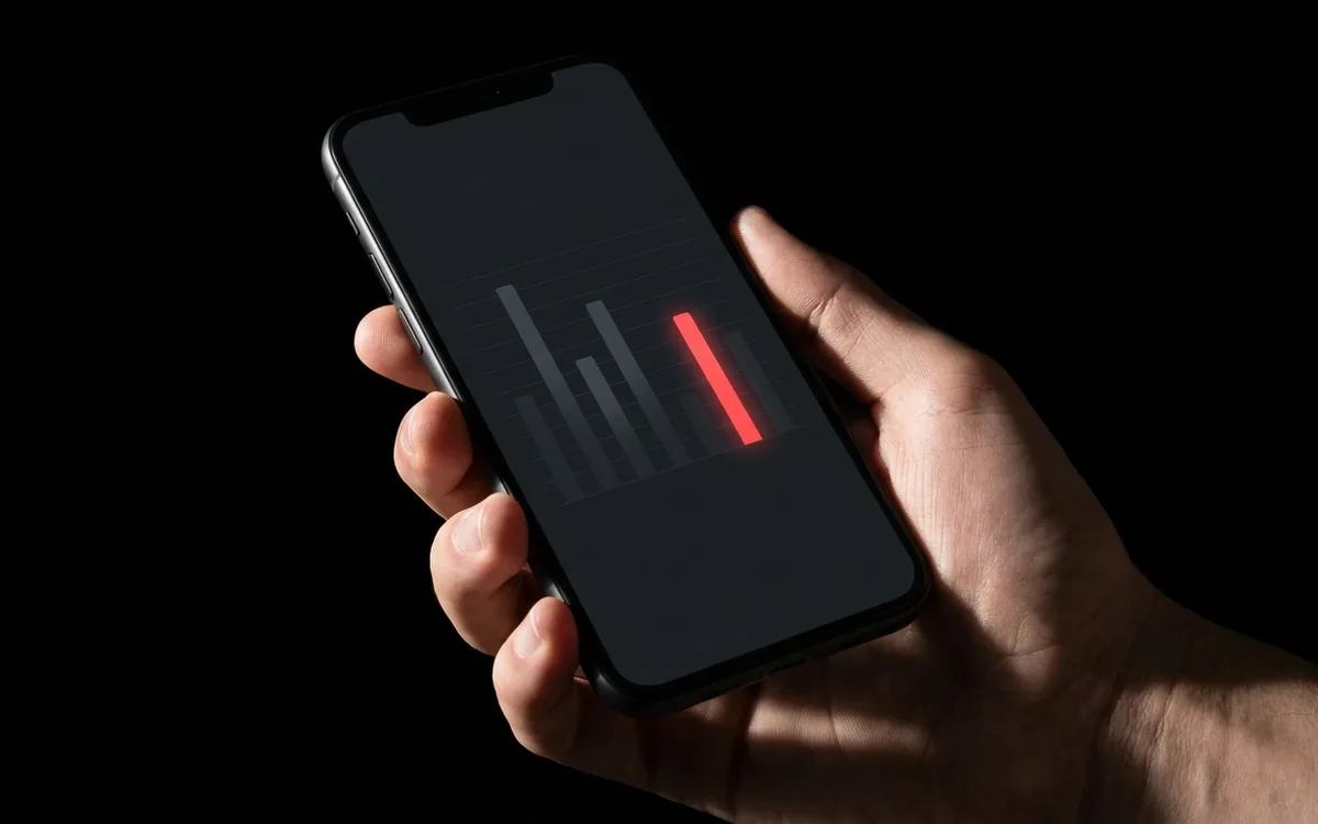 Mão segurando um celular com o painel escuro da enviquo na tela, mostrando o gráfico de receita sob luz dura